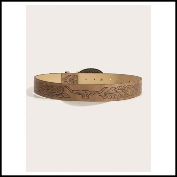 Vintage Pattern Western Belt Faux Leather Cowgirl Rodeo Buckle Accessory
